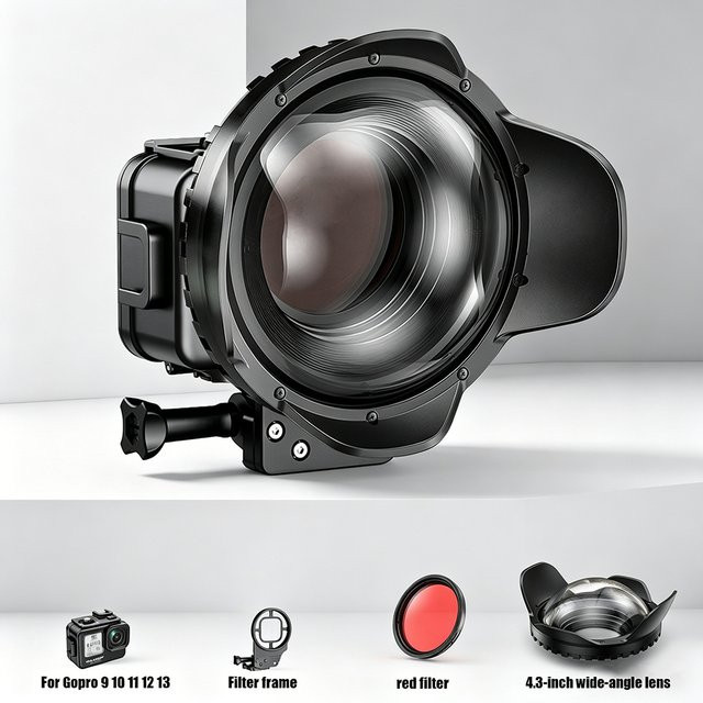 Seafrogs 4-teiliges Set für GoPro 9 10 11 12 13 mit 60m wasserdichtem Aluminiumgehäuse, rotem Filter, 4,3 Zoll Weitwinkelobjektiv und 67mm Filterrahmen in Schwarz und Rot - Bild 1