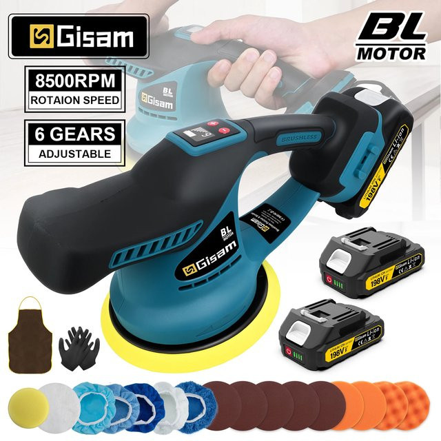 Gisam Bürstenloser kabelloser Auto-Polierer mit 6 Gängen in Blau, kompatibel mit Makita LXT 18V Akku - Bild 1