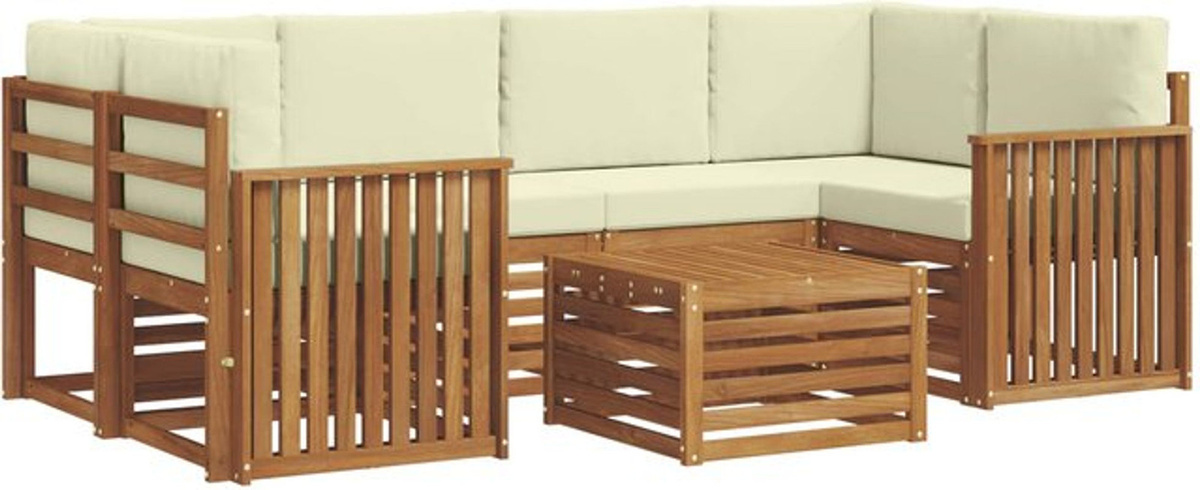 vidaXL Outdoor-Sofagarnitur aus Akazienmassivholz in Natur und Beige, 7-teiliges Loungemöbel-Set im modernen und minimalistischen Design - Bild 1