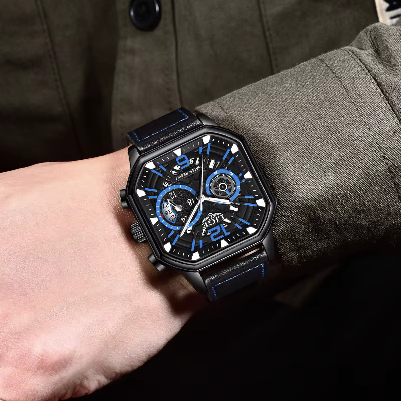 LIGE Chronograph Armbanduhr, Quarz, Leder, Black blue, Herren - Bild 5