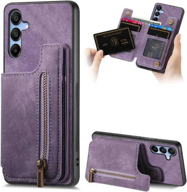 Retro Leder Handyhülle mit Reißverschluss und Geldbörse für Samsung Galaxy A-Serie in Lila - Bild 1
