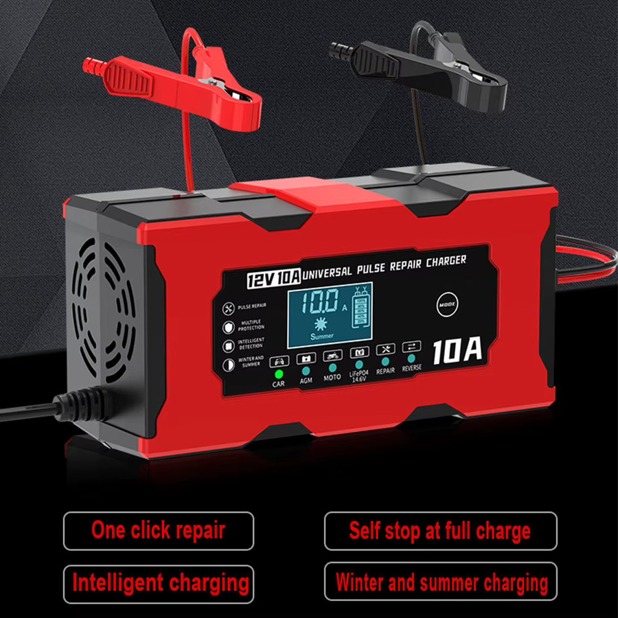 Intelligentes Auto Batterie Ladegerät mit Digitalem LCD Display für 12 V und 14,6 V Lithium-Eisenphosphat Batterien, 10A, Farbe: Rot - Bild 2