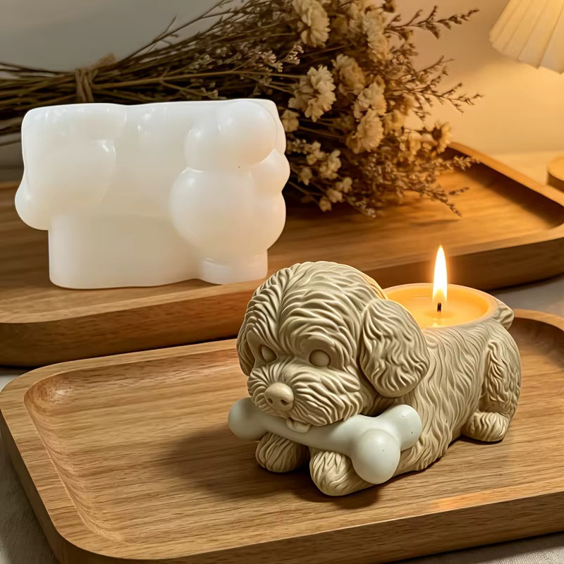Silikonform für Hundeknochen-Kerzenbecher und Sukkulenten-Pflanztopf mit Motiv eines liegenden Hundes in Beige - Bild 4