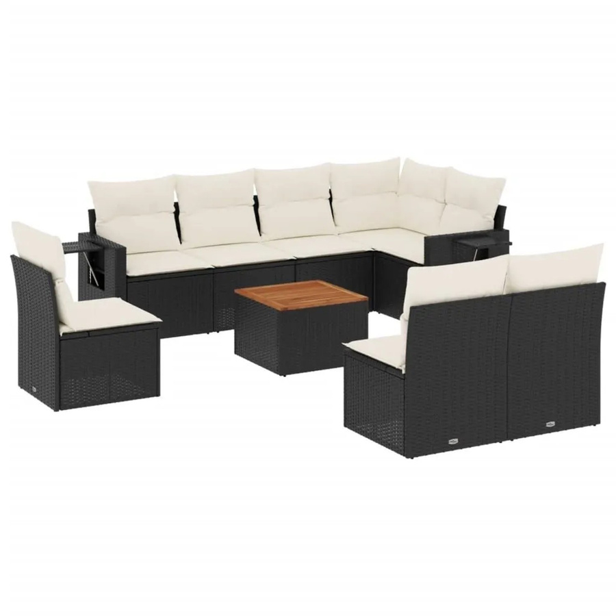vidaXL 9-tlg. Garten-Sofagarnitur in L-Form aus Polyrattan mit Kissen und Couchtisch, Schwarz - Bild 2