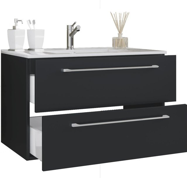 VCM Badmöbel Set Badinos 2-tlg. Waschplatz mit Keramik-Waschbecken und Unterschrank, hängend, Schwarz-Weiß, B/H/T: 81 x 52 x 46 cm - Bild 1