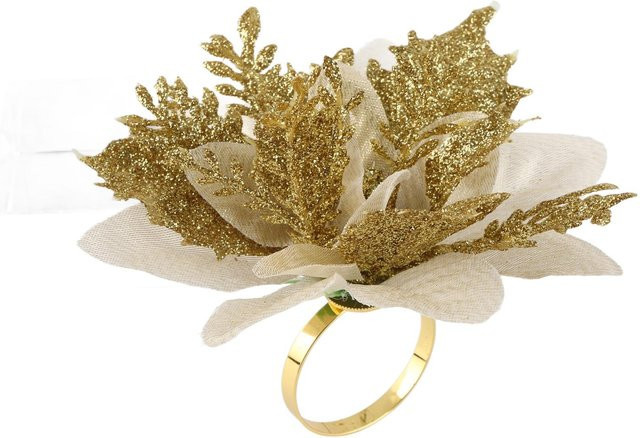 Tooarts Serviettenring Weihnachtsblume aus Stoff in Braun und Gold - Bild 1