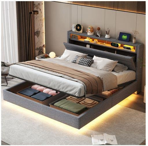 Gepolstertes Bett MUVOE in Grau mit USB-Anschluss, LED-Leuchten und hydraulischem Stauraum, B/T: 160 x 200 cm - Bild 1