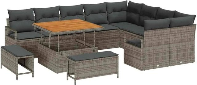vidaXL Garten-Sofa-Set aus Poly-Rattan und Akazie mit Kissen und Speicher, 12-teilig, Grau - Bild 1