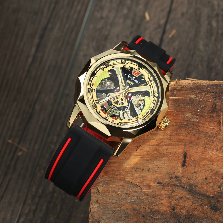 Forsining Armbanduhr, Skelett, Mechanisch, Gold, Messing, Kautschuk, Herren - Bild 3