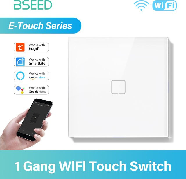BSEED E-Serie WLAN Touch-Wandschalter für Tuya Smart Life und Alexa App-Steuerung, 1/2/3-Wege Schalter mit Hintergrundbeleuchtung, 10A, Farbe: Weiß - Bild 1