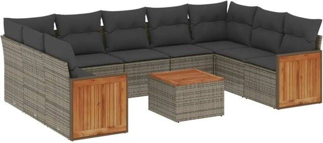 vidaXL 10-tlg Garten-Sofagarnitur Modell 75 aus Poly Rattan und Akazienholz in Grau mit Kissen - Bild 1