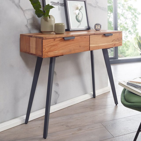 FineBuy Konsolentisch aus Akazie Massivholz und Metall, moderner Schreibtisch oder Schminktisch in Braun, Breite: 90 cm