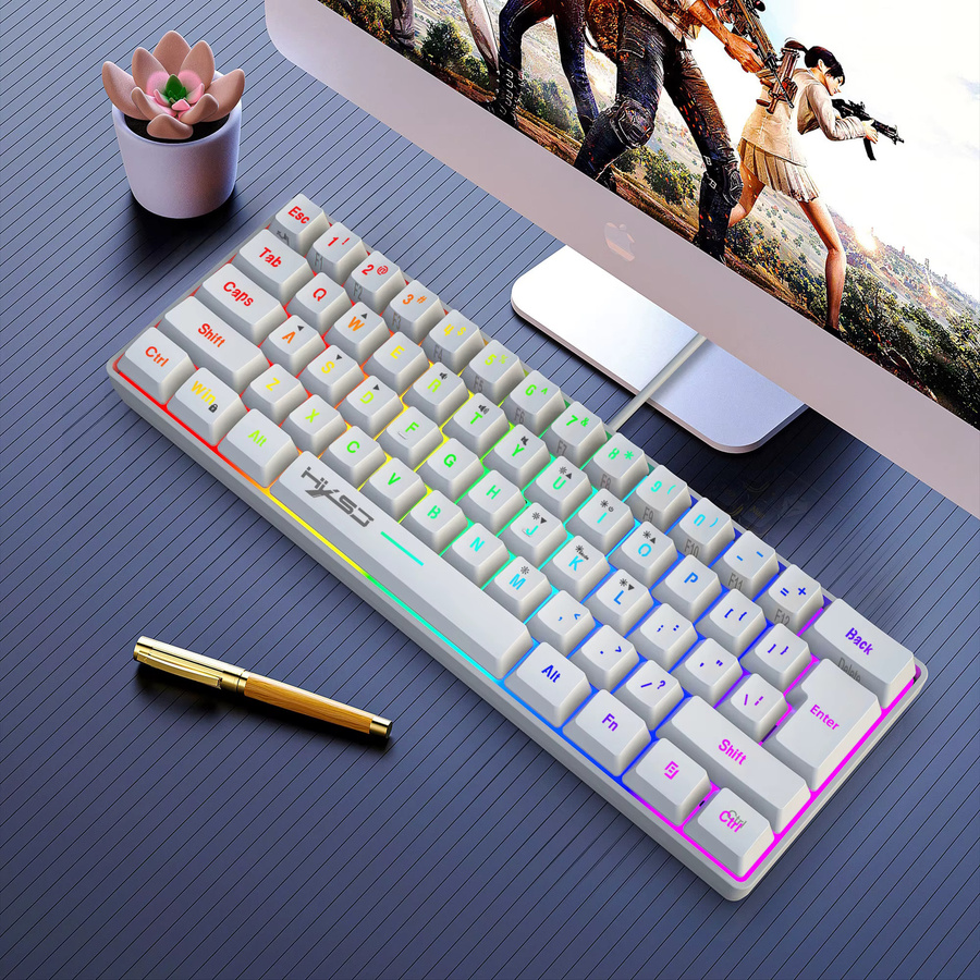 HXSJ Mini-Gaming-Tastatur mit 61 Tasten, kabelgebundene Membrane-Tastatur mit RGB-Beleuchtung in Weiß/Multicolor - Bild 3