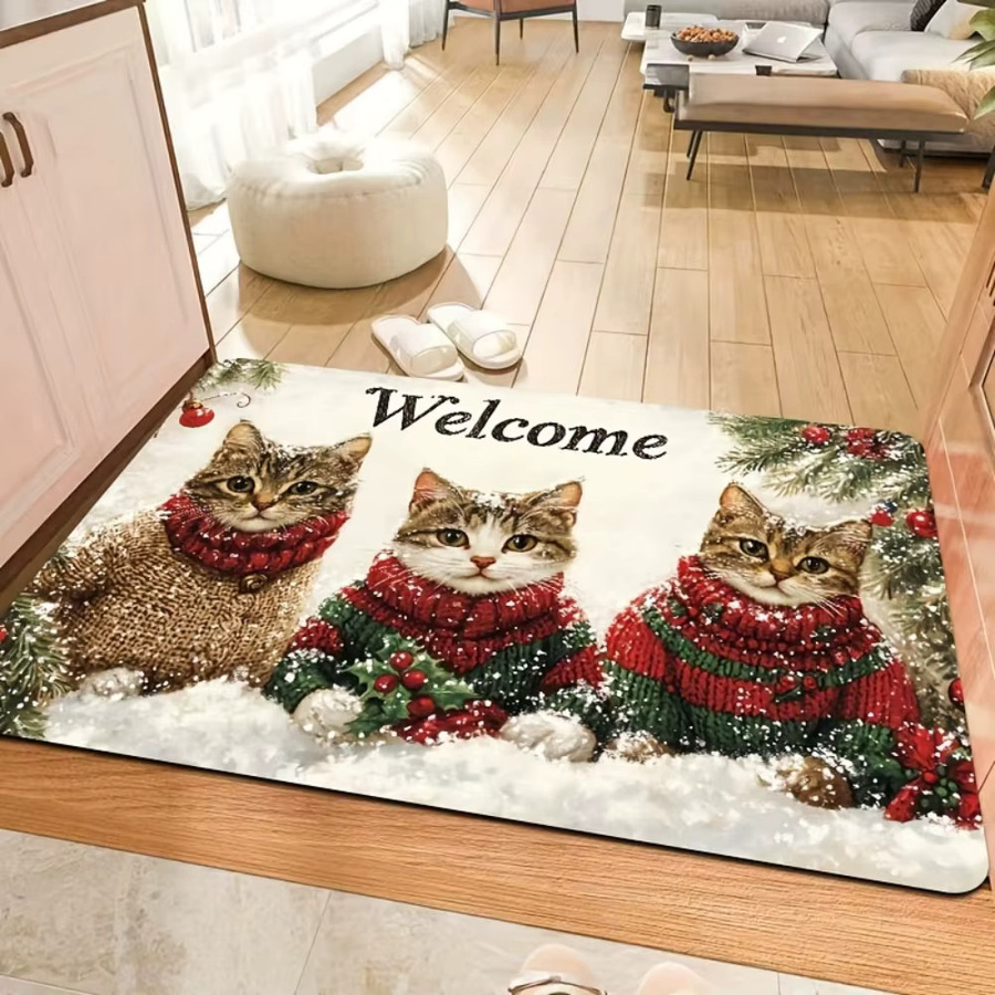 VIKAMA Druckteppich mit drei Katzen für Weihnachten, rutschfest und schmutzabweisend, Bodenmatte für Wohnzimmer und Veranda - Bild 2