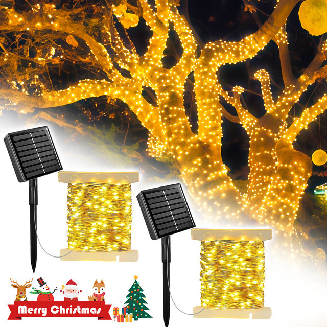 LEDOOR 2er-Pack Solar-Lichterkette für den Außenbereich mit 600 warmweißen LEDs und 64 m Gesamtlänge aus Kupferdraht - Bild 1