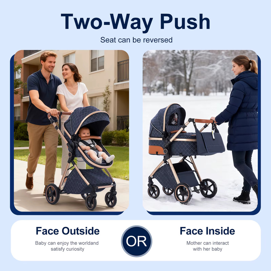 3-in-1 Kombi-Kinderwagen für Neugeborene mit Babywanne, zusammenklappbar und verstellbarer Griff, Grau-Blau - Bild 5