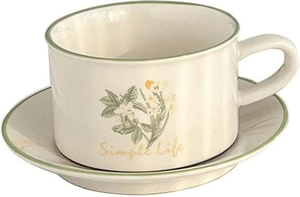 Retro Keramiktasse mit Blumenmuster und passender Untertasse in Weiß - Bild 1
