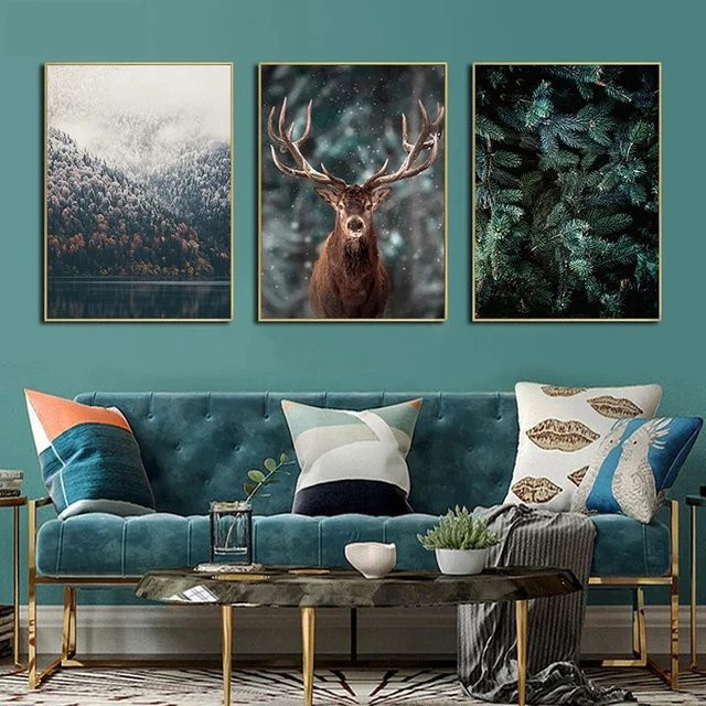 Nordische Naturlandschaft Leinwanddruck Potdemiel Wandkunst mit Tieren und Wintermotiv in Mehrfarbig - Bild 1
