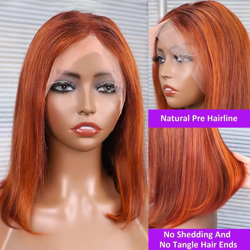 Luxexuan Bob-Perücke, 100% Echthaar, Ingwer-Orange, 200% Dichte - Bild 3