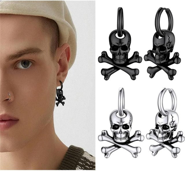 Creolen Totenkopf, Edelstahl, 12mm, black, Herren - Bild 1