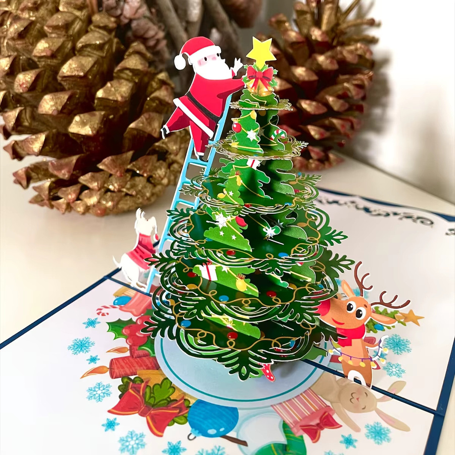 Handgefertigte 3D-Pop-Up-Weihnachtskarte mit Winterhaus und Weihnachtsstern in Mehrfarbig inklusive Umschlag - Bild 3