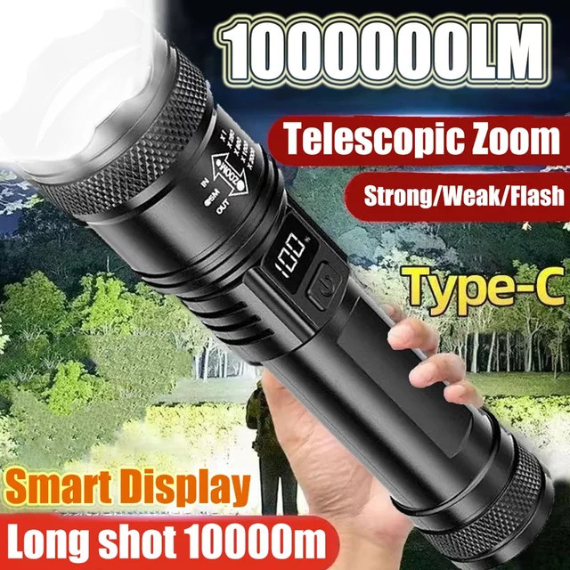 Heinast Wiederaufladbare LED-Taschenlampe mit 10000 lm, zoombar und wasserdicht, 5 Modi mit LCD-Display, Farbe: Schwarz - Bild 1