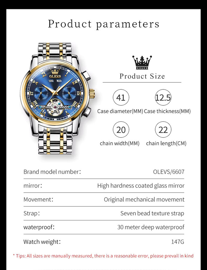 OLEVS Armbanduhr Automatik, Edelstahl, Blau, Herren - Bild 6