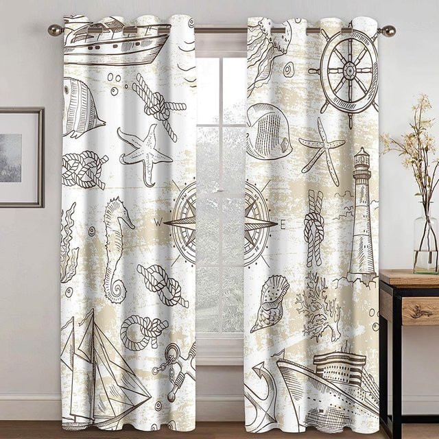 A Family Of Home Textiles Nautische Vorhänge mit Boot Skizze und Maritimem Design, 2 Panels, Weiß, Höhe: 135 cm, Breite: 165 cm - Bild 1