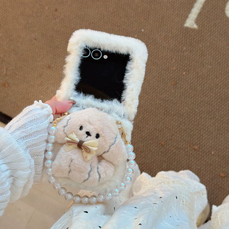 Samsung Galaxy Z Flip 3 4 5 6 7 FE Handyhülle mit 3D Cartoon-Welpe und Schleife, flauschige Plüsch-Perlen-Schutzhülle, stoßfest - Bild 1