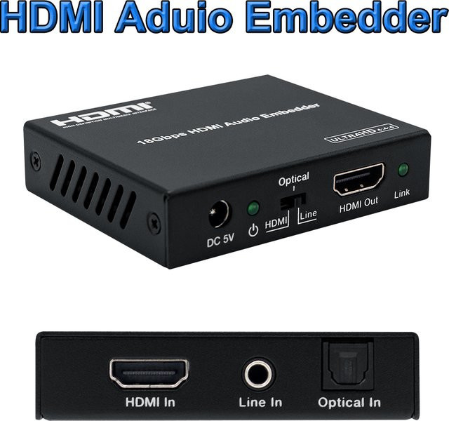 VBDWRM HDMI Audio Embedder 4K 60Hz HDMI 2.0 Audio Inserter mit AUX und Digital Toslink zu HDMI Konverter, 18Gbps, Schwarz - Bild 1