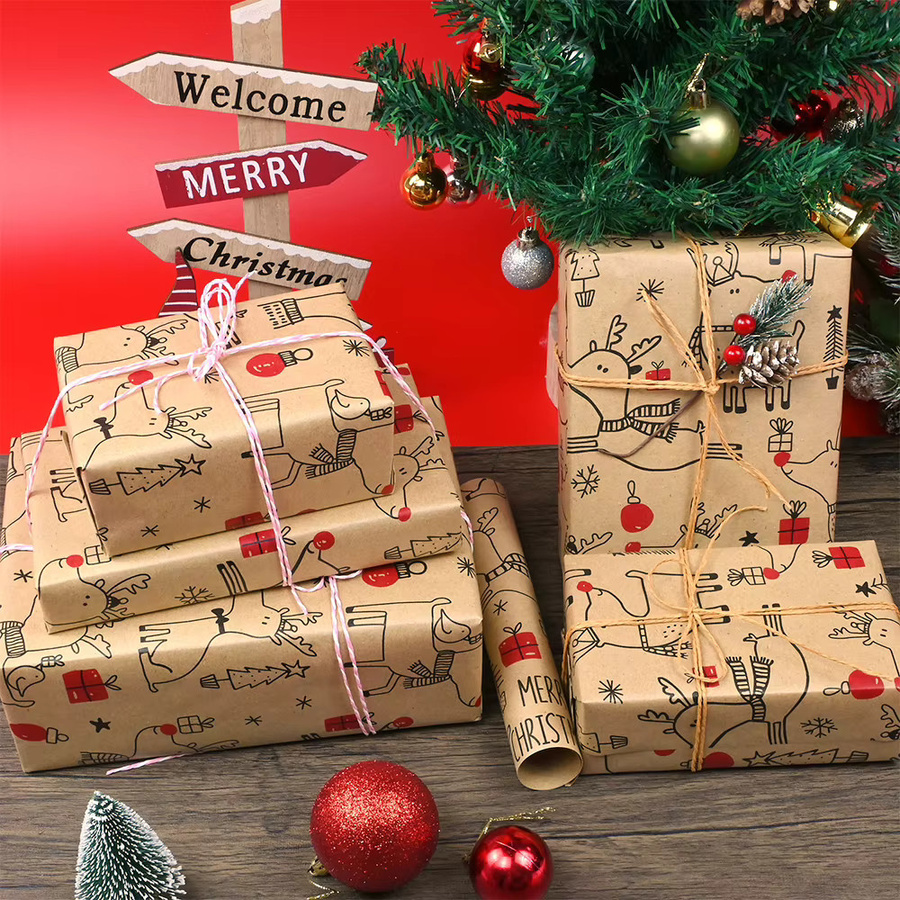 Weihnachts-Geschenkpapier mit Hirsch-Design in Beige und Multicolour, 1 Rolle Kraftpapier, Breite: 43,18 cm, Länge: 149,86 cm - Bild 3