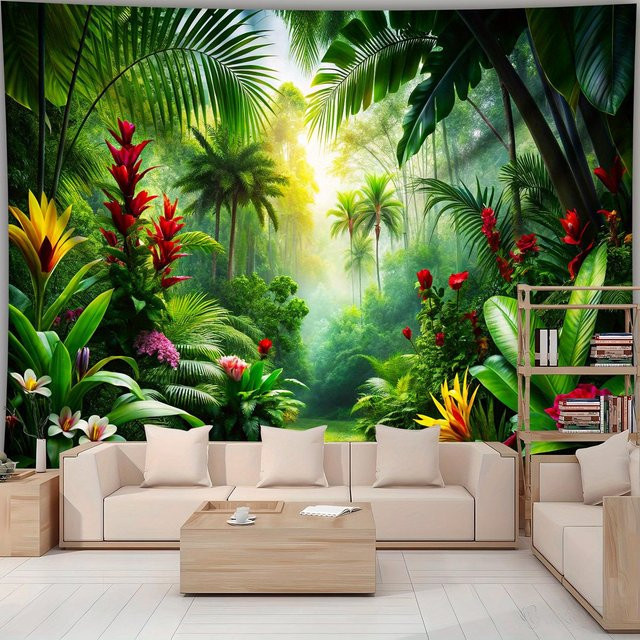 Tropischer Regenwald Wandteppich von JMG Household Supplies mit exotischen Dschungelpflanzen und bunten Blumen in Multicolor, Breite: 150 cm, Höhe: 200 cm - Bild 1