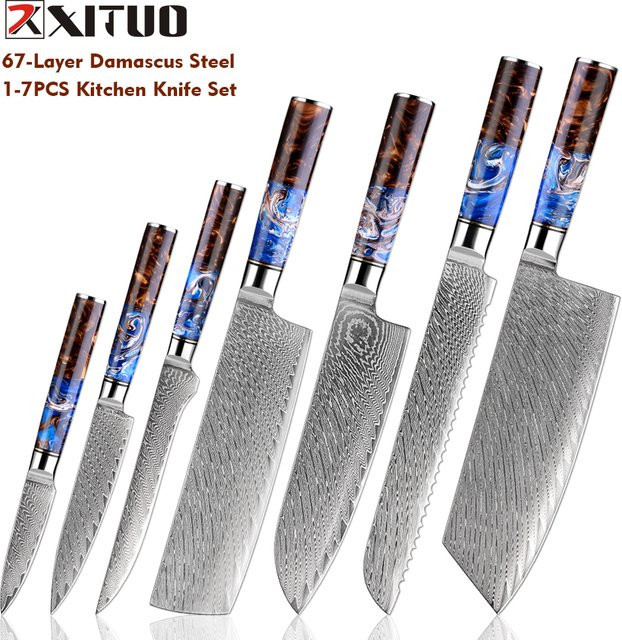 XITUO Professionelles Kochmesser-Set aus Damaststahl mit Harzgriff, 1–7 Stück, Multicolor - Bild 1