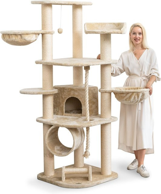 HAPPYPET Kratzbaum für Katzen in Beige mit Haus, Spieltunnel, Liegemulden und Kratzrolle, Höhe: 181 cm - Bild 1