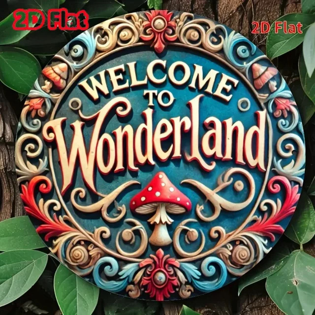 HELLOYOUNG Vintage Metallschild Willkommen im Wunderland Rund mit floralem Design, Mehrfarbig, Durchmesser: 20 cm - Bild 1