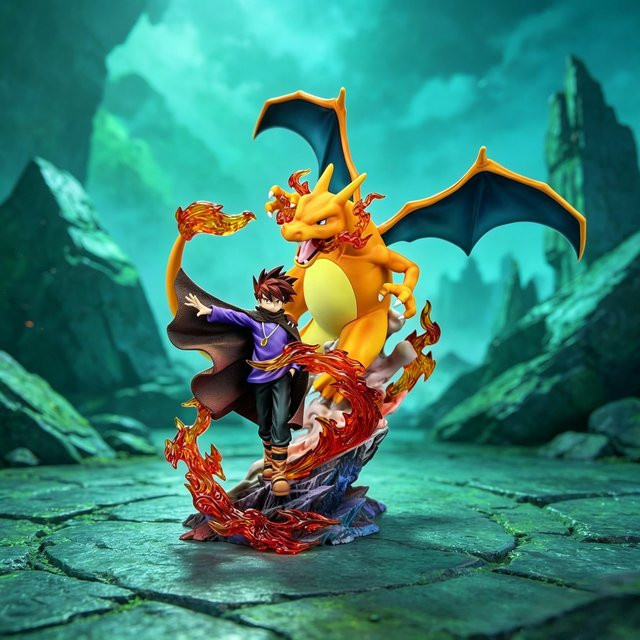 Bandai Pokémon Gary Oak Charizard Actionfigur, PVC-Statue, Blau, Grün, Orange - Bild 1