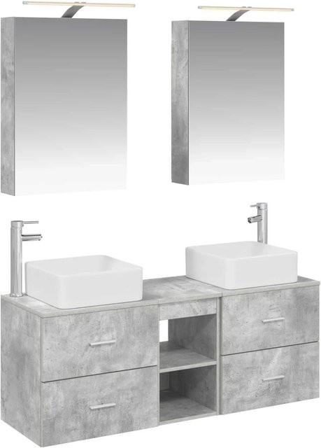 vidaXL Badezimmermöbel-Set 5-teilig in Betongrau mit Waschtischunterschrank, Spiegelschrank und Wandunterschrank aus Holz und Glas mit LED-Beleuchtung - Bild 1