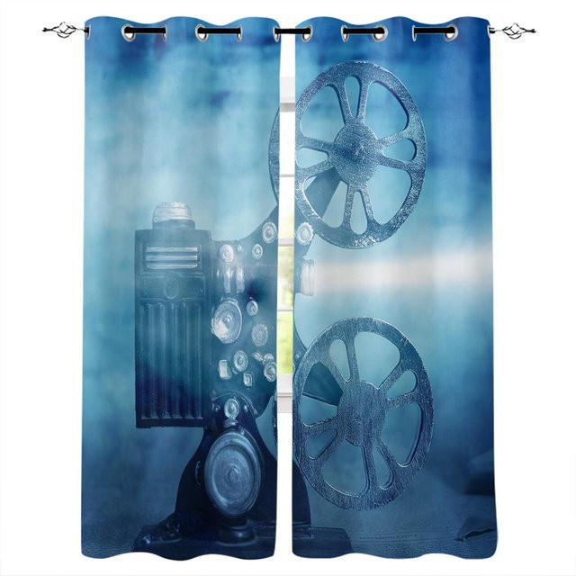 Super Six Vorhang mit Film Tape Projektor Motiv in Blau, halbtransparentes Stoffpanel aus Polyester für Wohnzimmer, Schlafzimmer oder Küche, Breite: 135 cm, Höhe: 60 cm - Bild 1