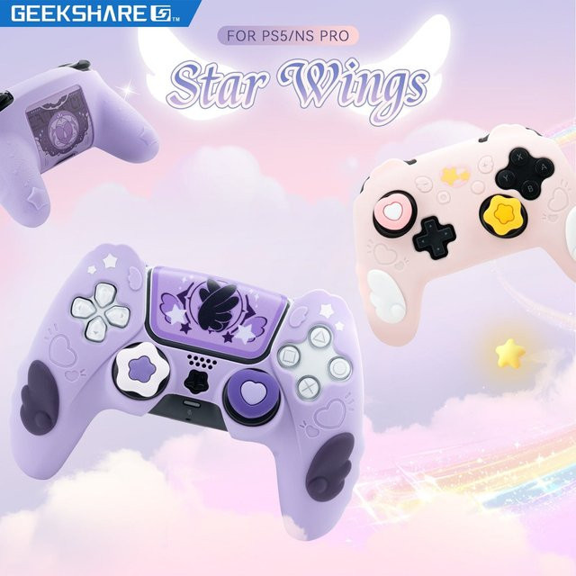 GeekShare Silikon Schutzhülle für PS5 und Nintendo Switch Pro Controller mit 2 Daumengriffen und Aufkleber, Sternenflügel, Pink - Bild 1