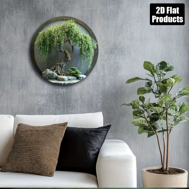 Potdemiel Aluminium-Wandkunst Rund mit Bonsai-Baum, Felsen und Moos in Grün - Bild 3