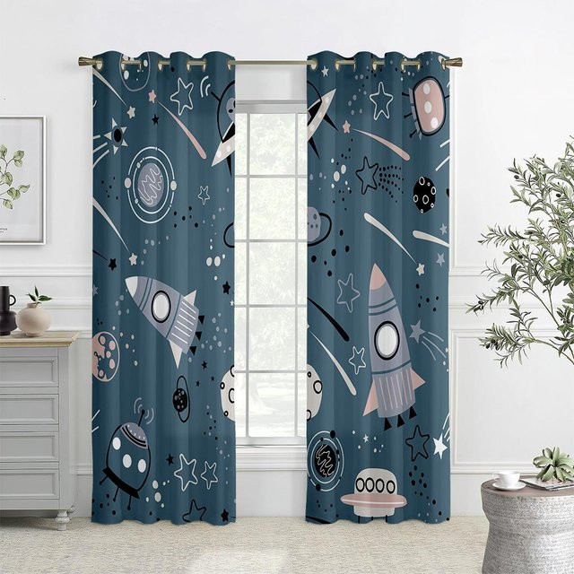 Yiran Furniture Verdunkelungs-Wärmedämmvorhänge mit Raumschiff-Print für Kinderzimmer, 2er-Set, Blau, Breite: 100 cm, Höhe: 130 cm - Bild 1