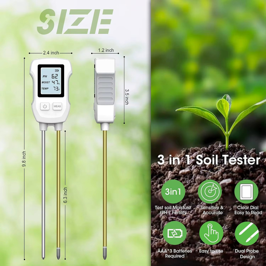 INSOMA 3 in 1 Digitaler Bodenmesser mit LCD-Anzeige für pH-Wert, Feuchtigkeit und Temperatur inklusive Hintergrundbeleuchtung für Zimmerpflanzen, Garten, Rasen und Farm - Bild 2
