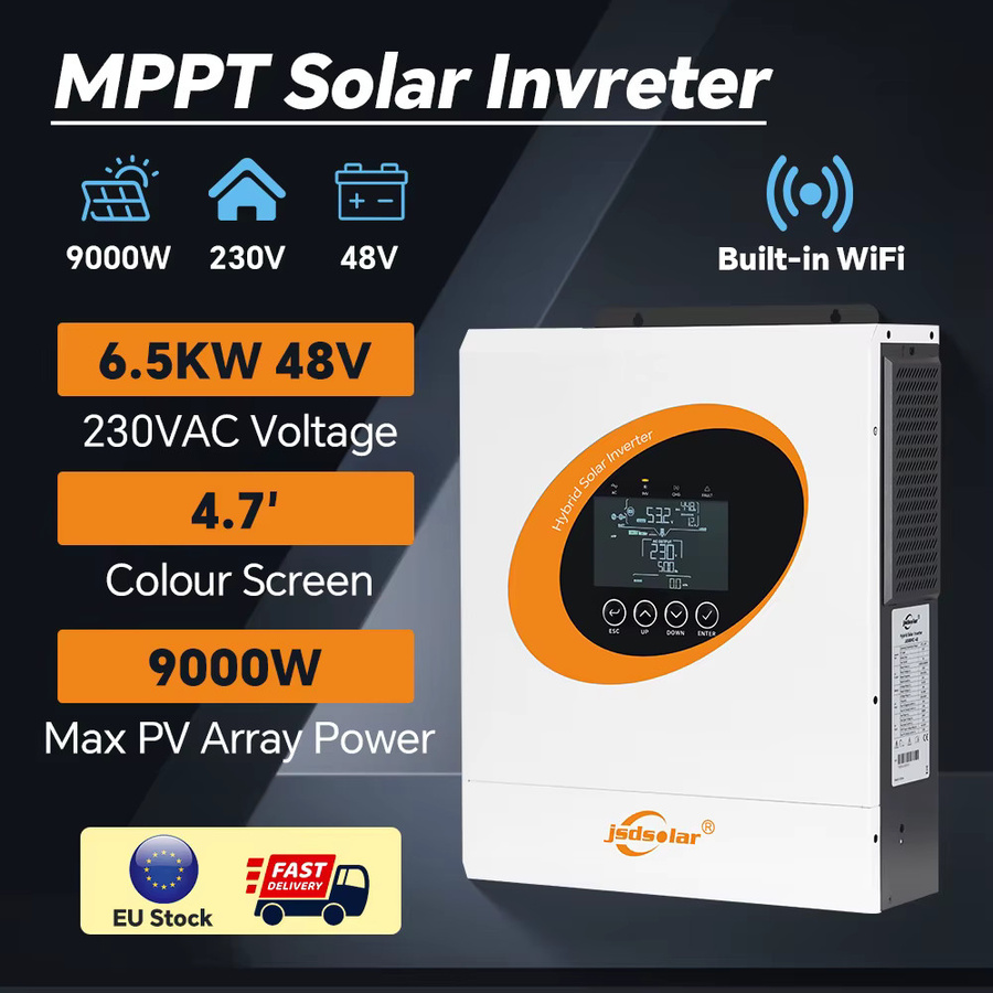 Jsdsolar Hybrid-Solarwechselrichter 6,5KW 48V mit MPPT 120A und 9000W PV 500VDC, Reine Sinuswelle, Dual-AC-Ausgang, integriertes WLAN, Farbe: Weiß - Bild 2