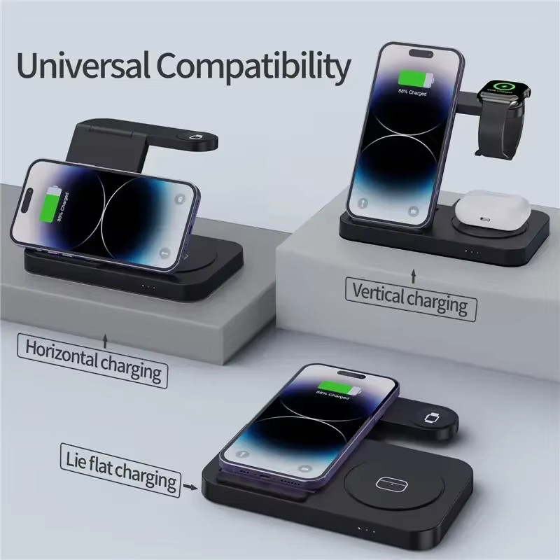 VIKEFON 4 in 1 Wireless Charger Dock faltbar, kabellose Ladestation für iPhone 16 bis 12 Pro Max, iWatch 10 bis SE 2, AirPods Pro und Samsung S25 S24, Farbe: Schwarz - Bild 5