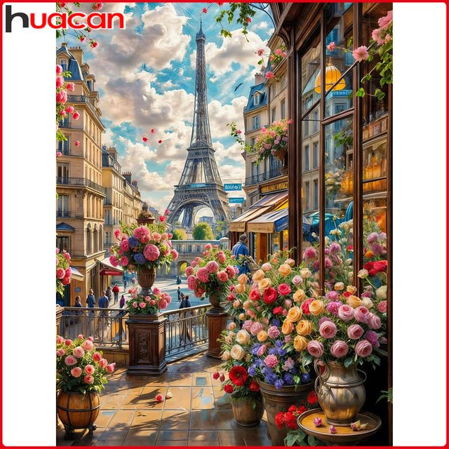 Huacan 5D DIY Diamantmalerei Set Eiffelturm und Blumenlandschaft in Multicolour, Breite: 30,0 cm, Höhe: 20,0 cm - Bild 1