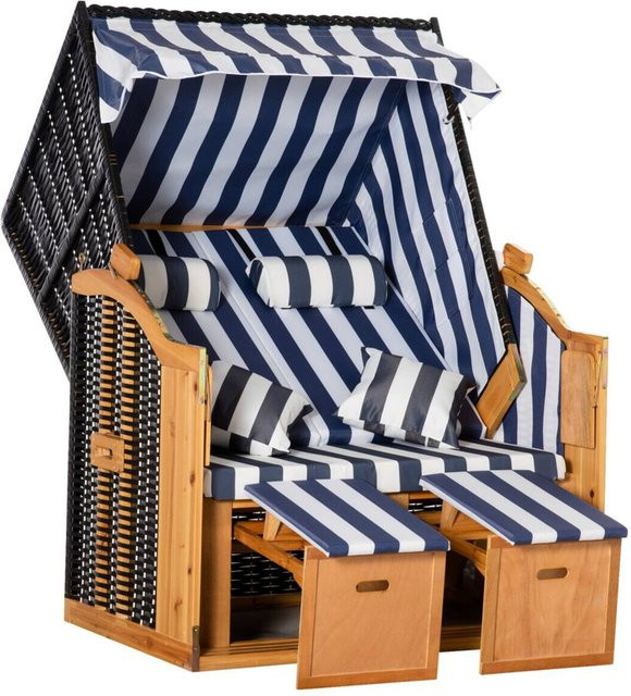 Outsunny Strandkorb in Blau-Weiß gestreift mit Polyrattan und Fußstütze, B/H/T: 79 x 118 x 160 cm - Bild 1