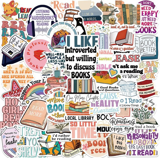 50 Stück Cartoon Buch Lesen Aufkleber in Multicolour für Tagebuch, Notebook und Skateboard - Bild 1