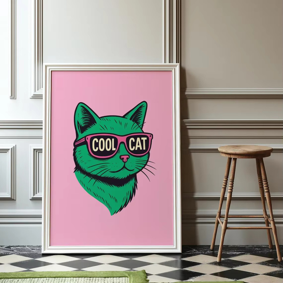 Retro Cool Cat Wanddekor von SHENCHEN - Grafische Illustration einer grünen Katze mit rosa Sonnenbrille und Typografie in rechteckiger Form - Bild 3