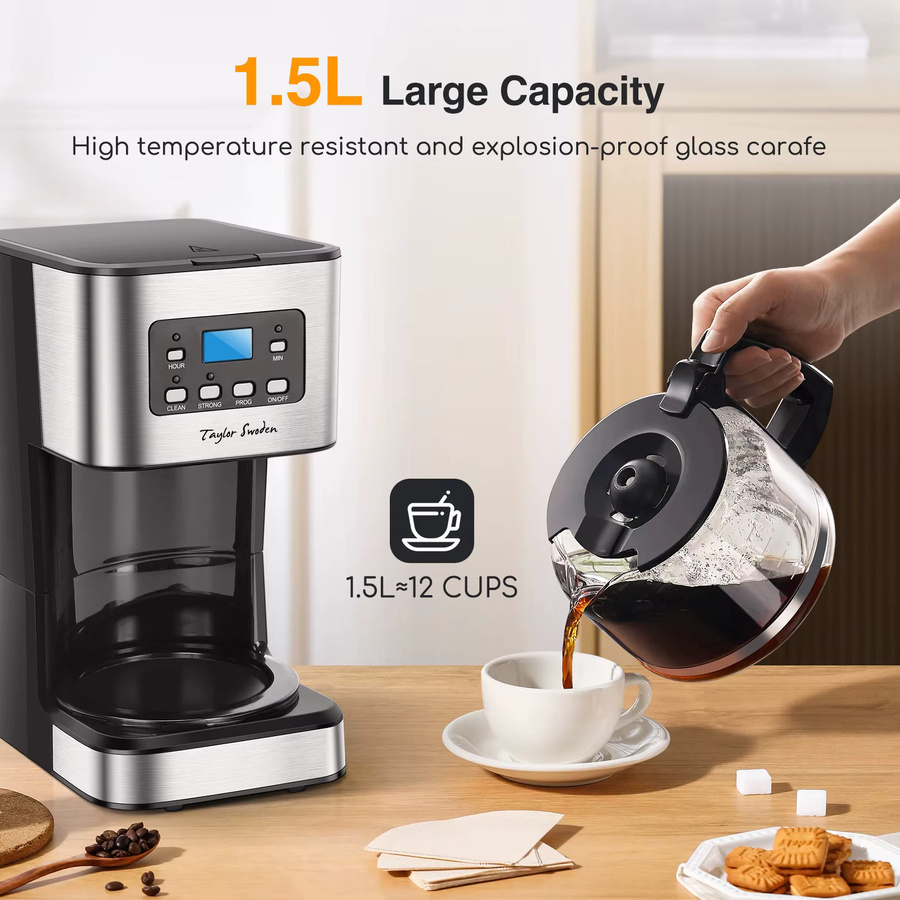 Taylor Swoden Kaffeemaschine mit 950W Leistung, 1,5L Filterkaffeemaschine für 12 Tassen mit Timer, programmierbarer Abschaltautomatik, Tropf-Stopp-Funktion, Warmhalteplatte und wiederverwendbarem Dauerfilter - Bild 2