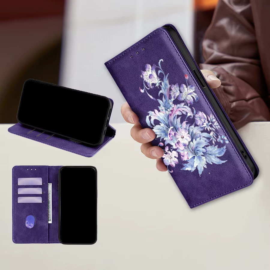 Magnetische Leder Flip Case Wallet Cover mit Blumenmuster für Samsung Galaxy S25 Ultra S25 FE S24 S23 S22 Plus A17 A07 A56 A36 A26 in Braun und Lila - Bild 4